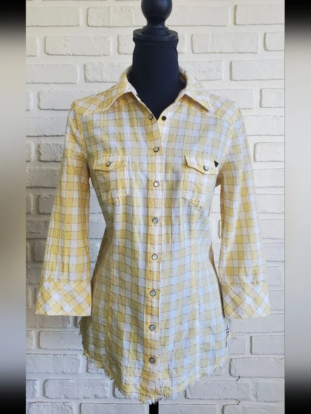 Guess Plaid Western Button-Down Shirt Embroider Raw Frayed Hem Vintage Y2K Rare - Picture 3 of 16